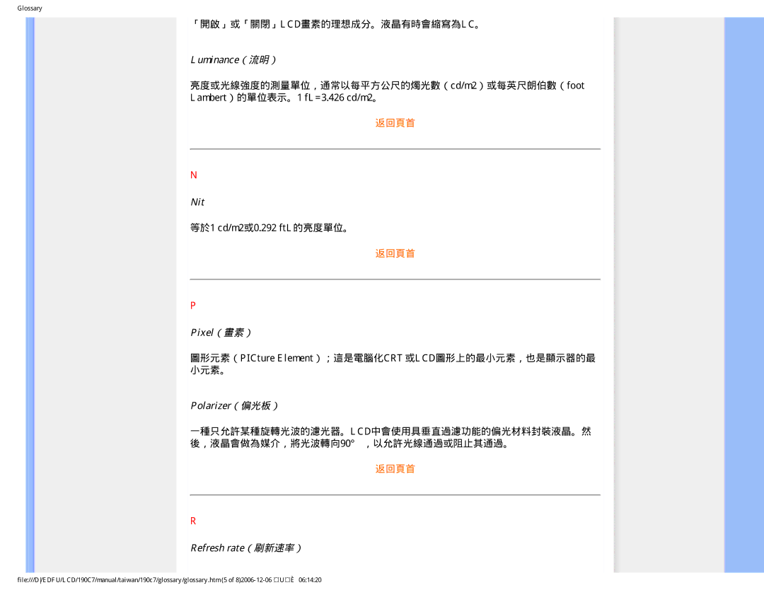 Philips 190C7 user manual Luminance（流明）, Nit, Pixel（畫素）, Polarizer（偏光板）, Refresh rate（刷新速率） 