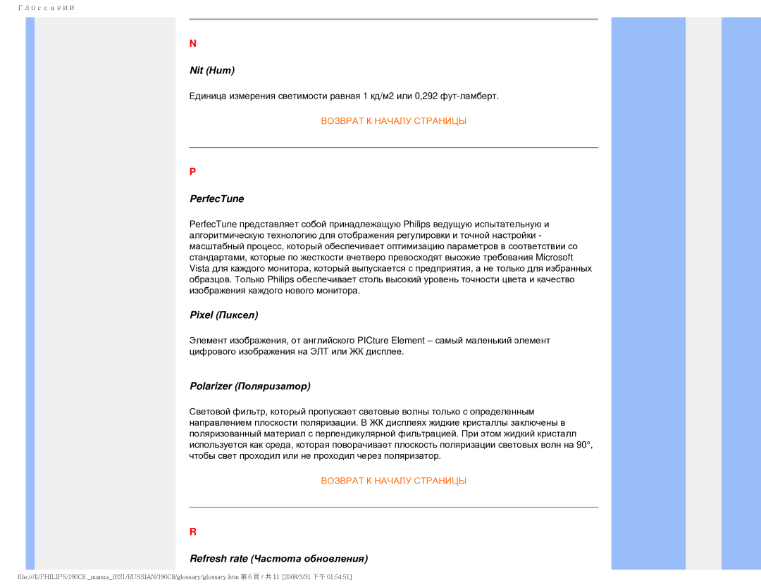 Philips 190C8 user manual Nit Нит, PerfecTune, Pixel Пиксел, Polarizer Поляризатор, Refresh rate Частота обновления 