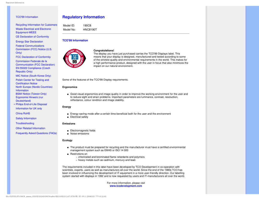 Philips 190C8 user manual Regulatory Information, TCO99 Information 