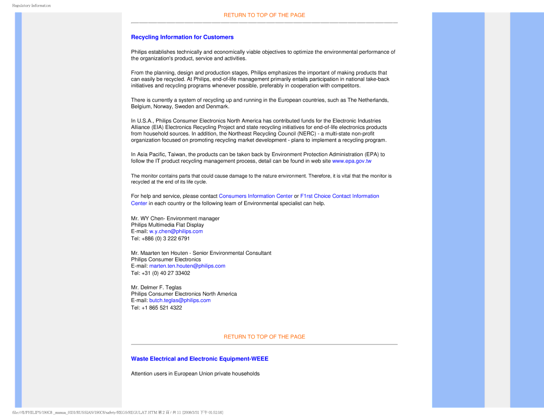 Philips 190C8 user manual Recycling Information for Customers, Waste Electrical and Electronic Equipment-WEEE 