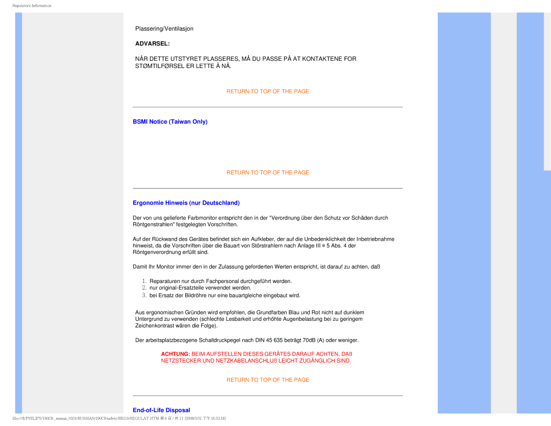 Philips 190C8 user manual Bsmi Notice Taiwan Only, Ergonomie Hinweis nur Deutschland, End-of-Life Disposal 