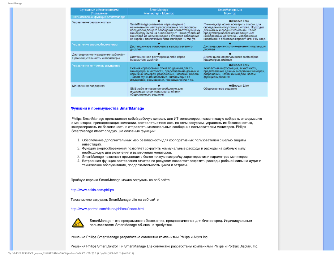 Philips 190C8 user manual Функции и преимущества SmartManage 
