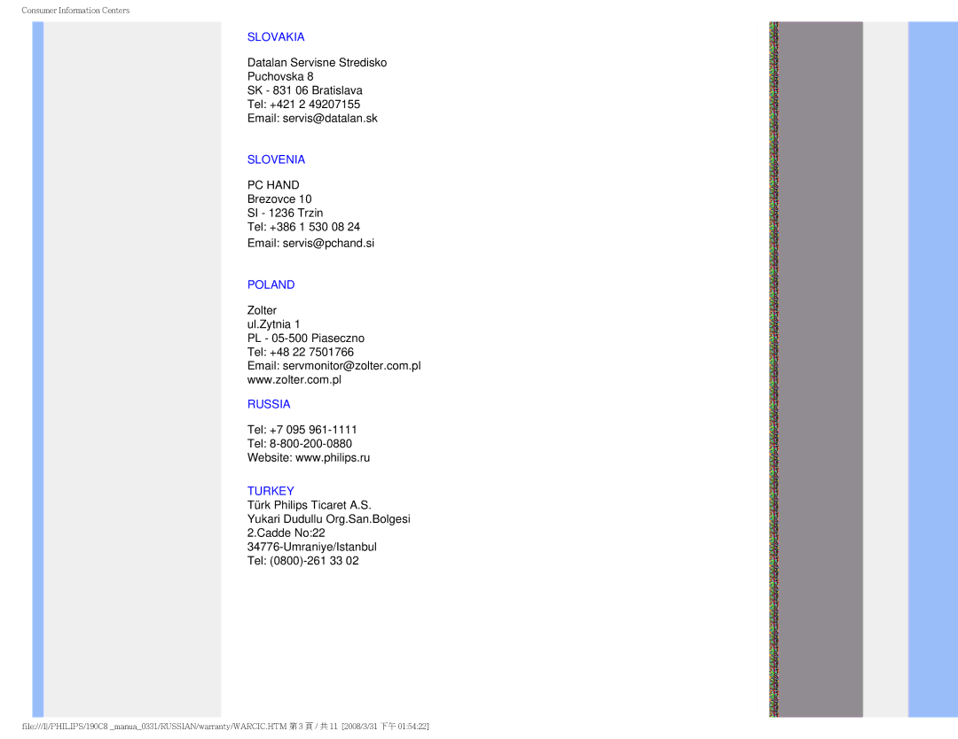 Philips 190C8 user manual Slovakia, Slovenia, Poland, Russia, Turkey 
