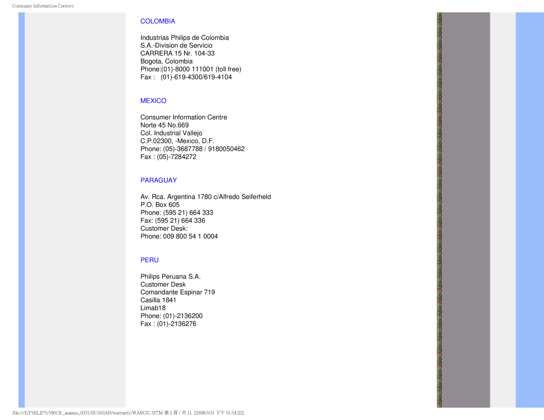 Philips 190C8 user manual Colombia, Mexico, Paraguay, Peru 