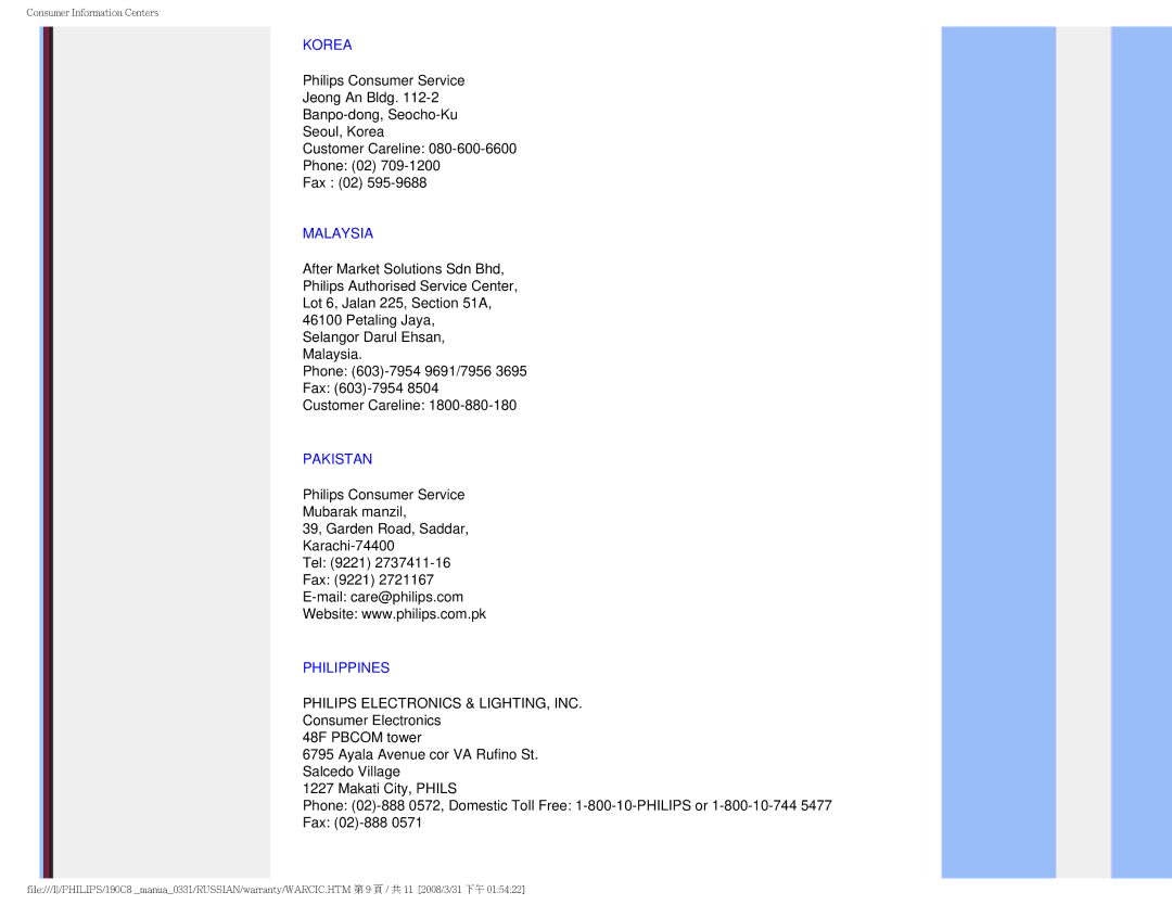 Philips 190C8 user manual Korea, Malaysia, Pakistan, Philippines 