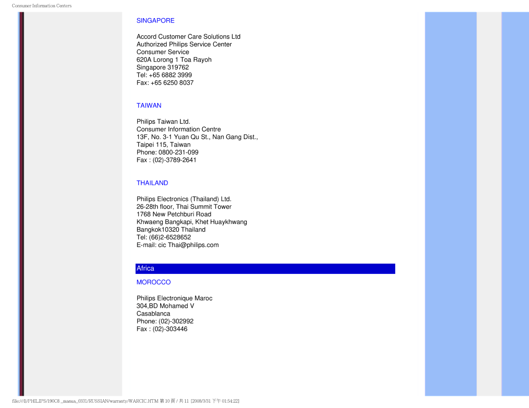 Philips 190C8 user manual Singapore, Taiwan, Thailand, Morocco 