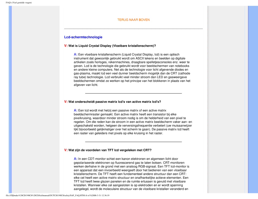 Philips 190C8 user manual Lcd-schermtechnologie, Wat is Liquid Crystal Display Vloeibare kristallenscherm? 