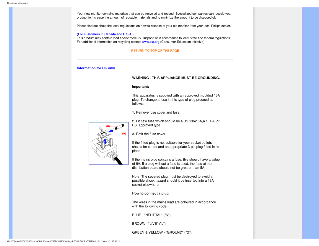 Philips 190C8 user manual Information for UK only, For customers in Canada and U.S.A 