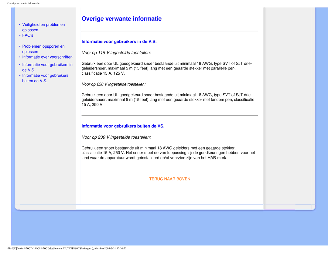 Philips 190C8 Overige verwante informatie, Informatie voor gebruikers in de V.S, Informatie voor gebruikers buiten de VS 