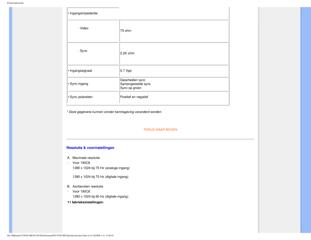 Philips 190C8 user manual Resolutie & voorinstellingen, Fabrieksinstellingen 