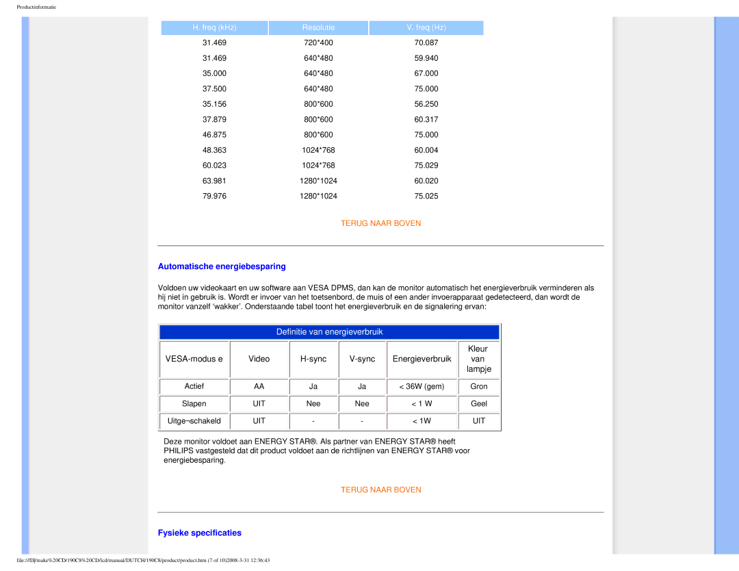 Philips 190C8 user manual Automatische energiebesparing, Fysieke specificaties 