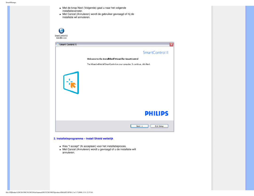 Philips 190C8 user manual Installatieprogramma Install Shield wettelijk 