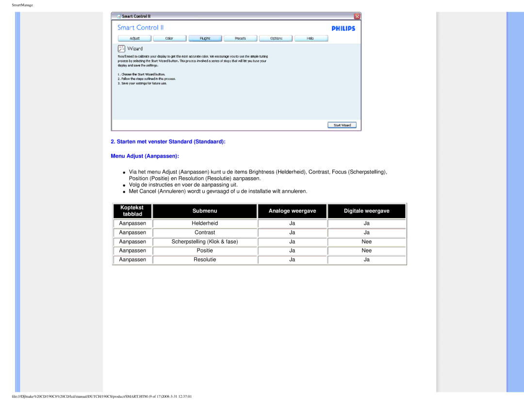 Philips 190C8 user manual Starten met venster Standard Standaard Menu Adjust Aanpassen 