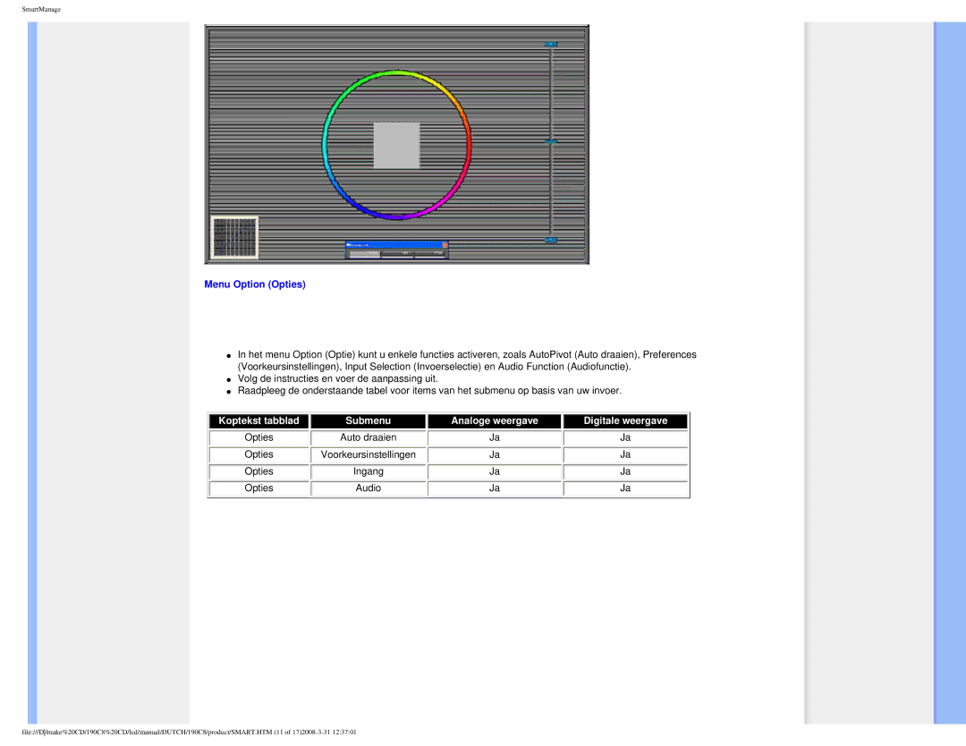 Philips 190C8 user manual Menu Option Opties, Opties Auto draaien Voorkeursinstellingen Ingang Audio 