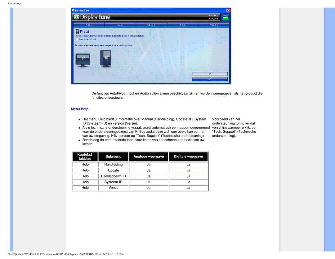 Philips 190C8 user manual Menu Help, Help Handleiding Update Beeldscherm-ID Systeem-ID 