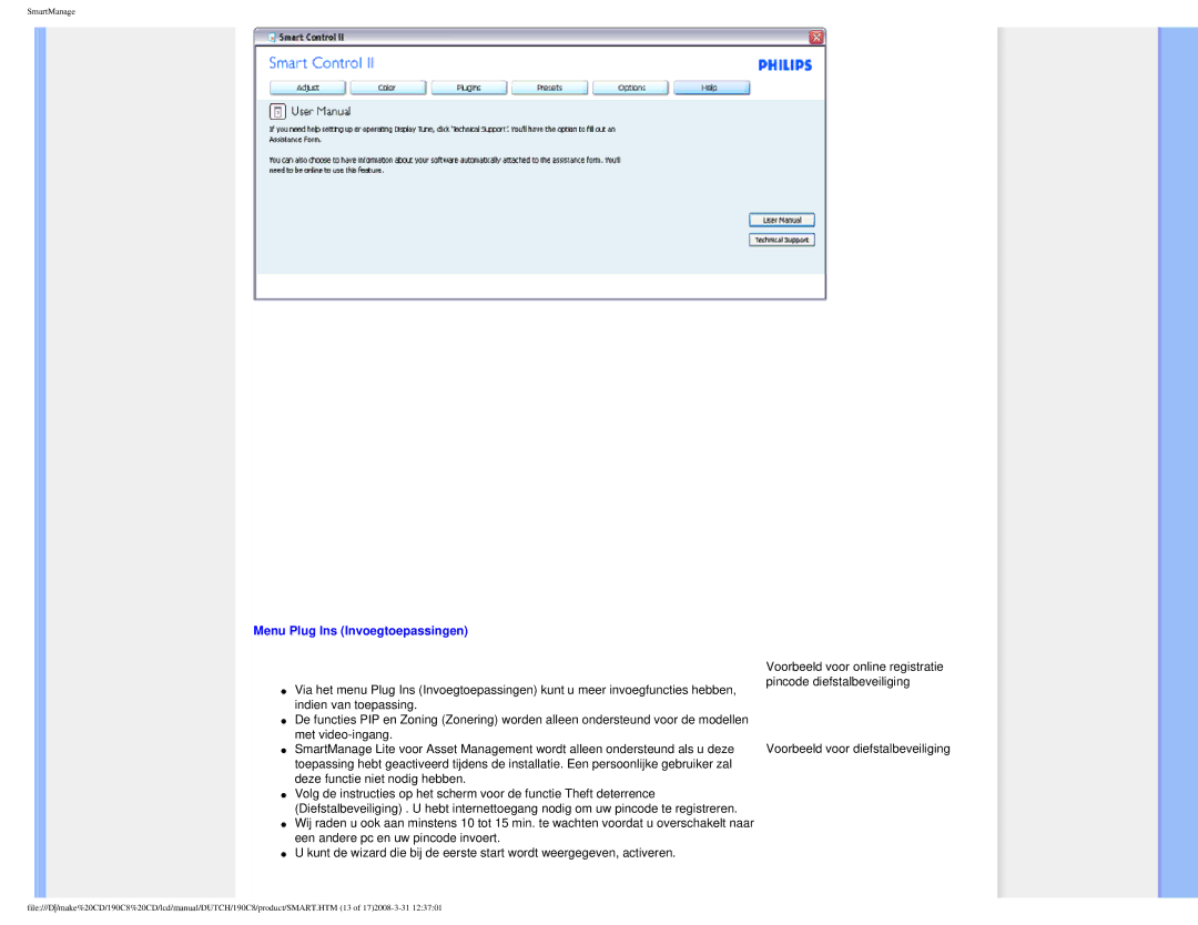 Philips 190C8 user manual Menu Plug Ins Invoegtoepassingen 