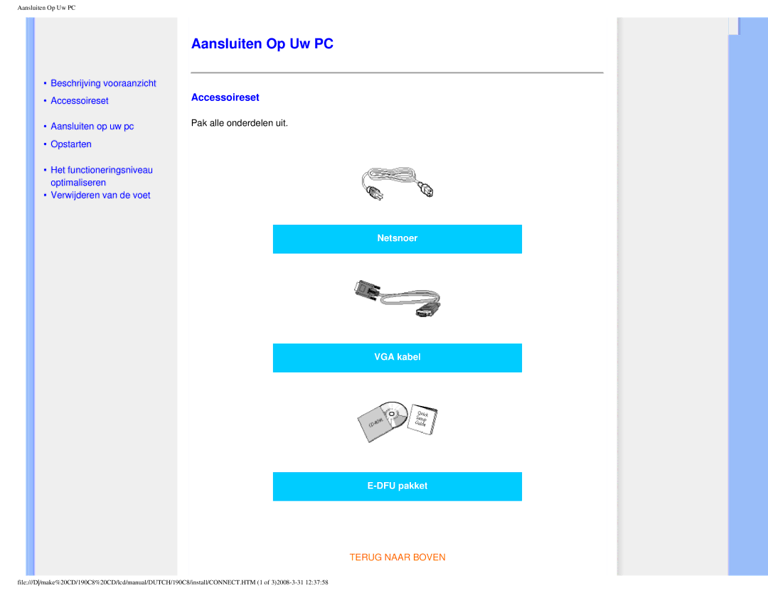 Philips 190C8 user manual Aansluiten Op Uw PC, Accessoireset 