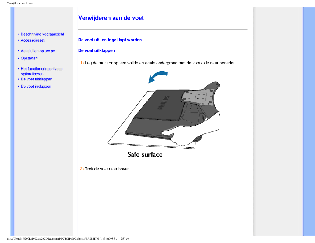 Philips 190C8 user manual Verwijderen van de voet, De voet uit- en ingeklapt worden De voet uitklappen 