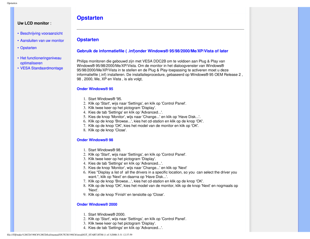 Philips 190C8 user manual Opstarten, Uw LCD monitor 