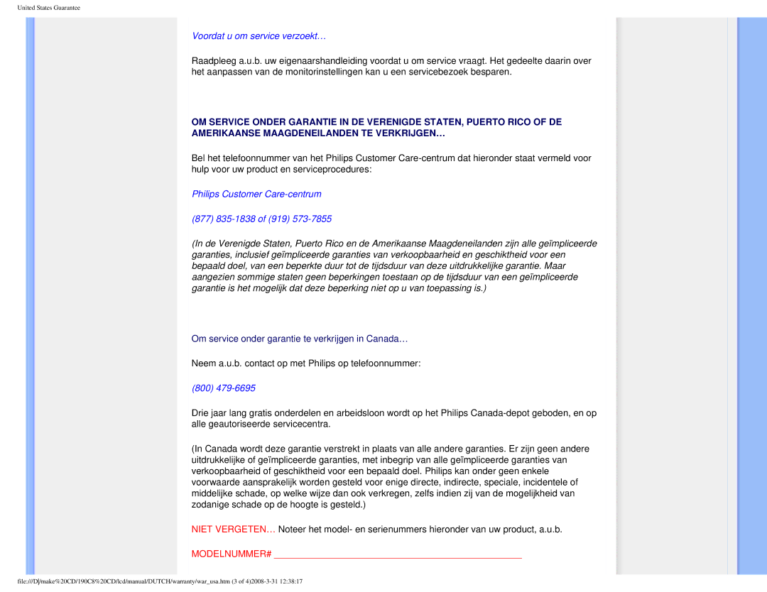 Philips 190C8 user manual Voordat u om service verzoekt… 