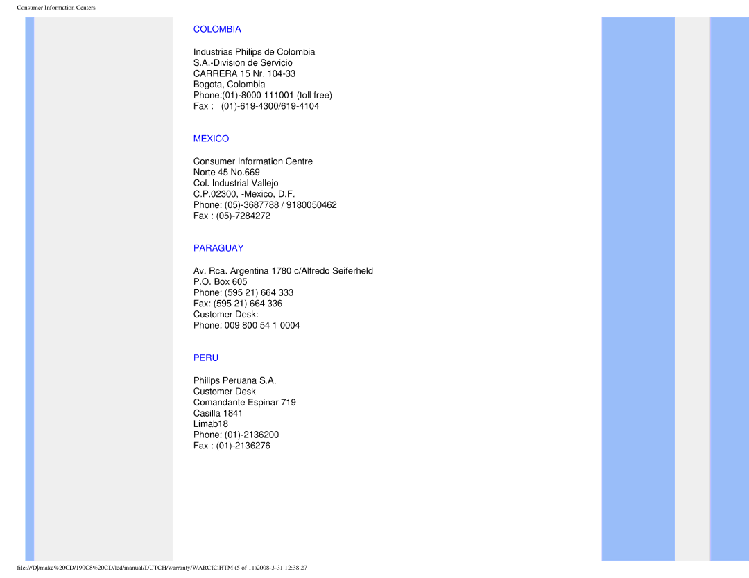 Philips 190C8 user manual Colombia, Mexico, Paraguay, Peru 