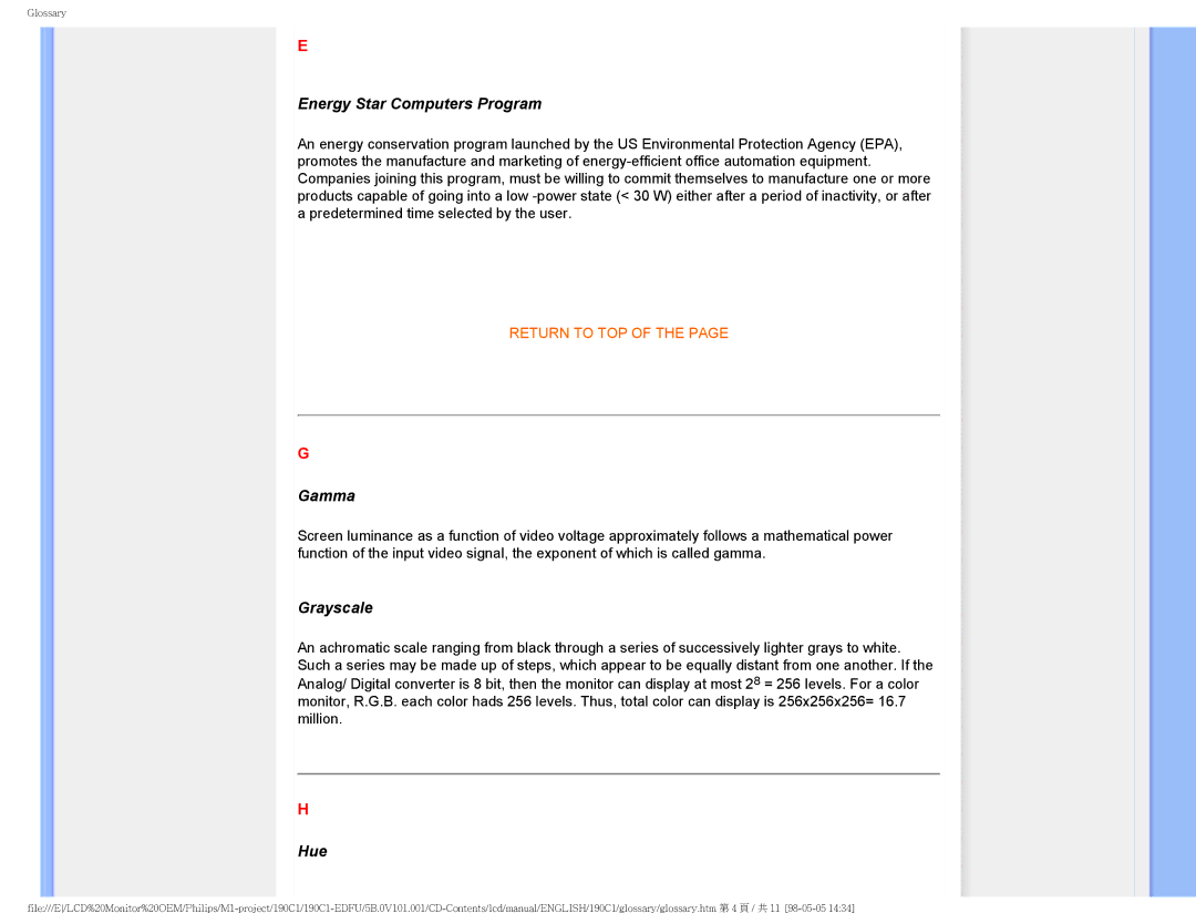 Philips 190CI, 190C1 user manual Energy Star Computers Program, Gamma, Grayscale, Hue 