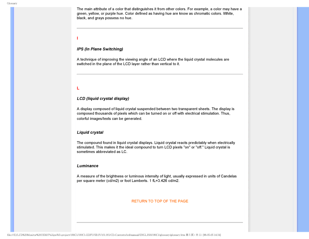 Philips 190C1, 190CI user manual IPS In Plane Switching, LCD liquid crystal display, Liquid crystal, Luminance 