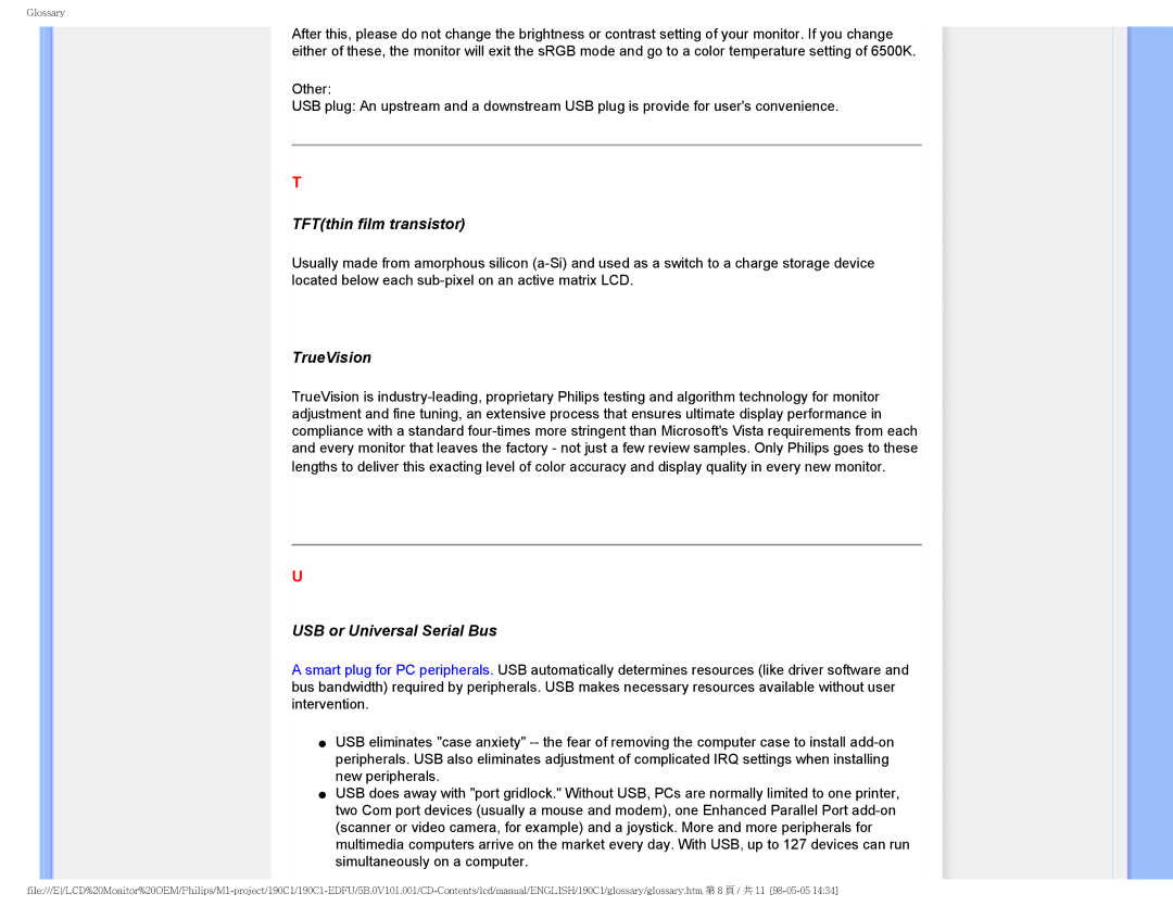 Philips 190CI, 190C1 user manual TFTthin film transistor, TrueVision, USB or Universal Serial Bus 