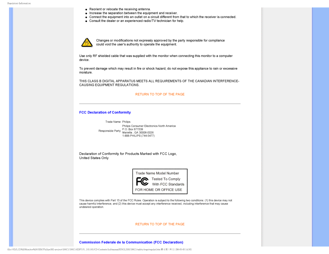 Philips 190CI, 190C1 user manual FCC Declaration of Conformity, Commission Federale de la Communication FCC Declaration 