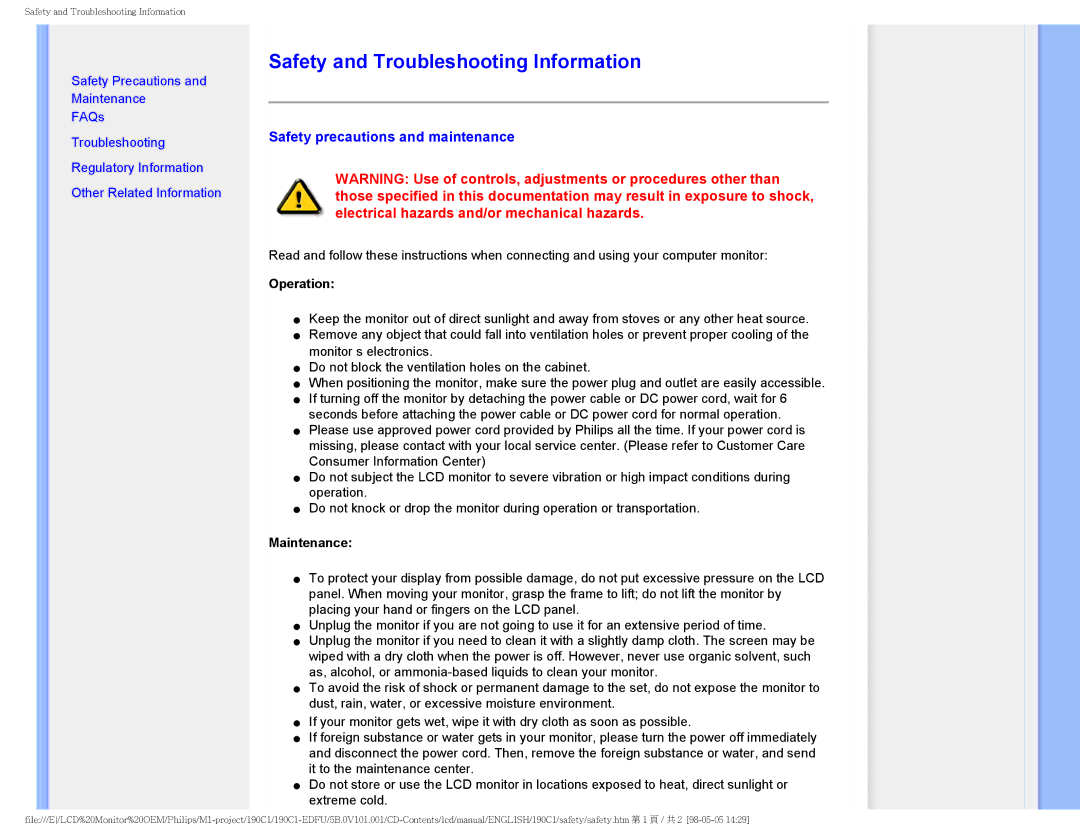 Philips 190CI, 190C1 user manual Safety and Troubleshooting Information, Safety precautions and maintenance 