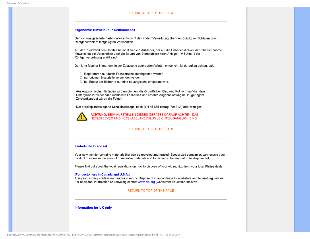 Philips 190CI, 190C1 user manual Ergonomie Hinweis nur Deutschland, End-of-Life Disposal, Information for UK only 