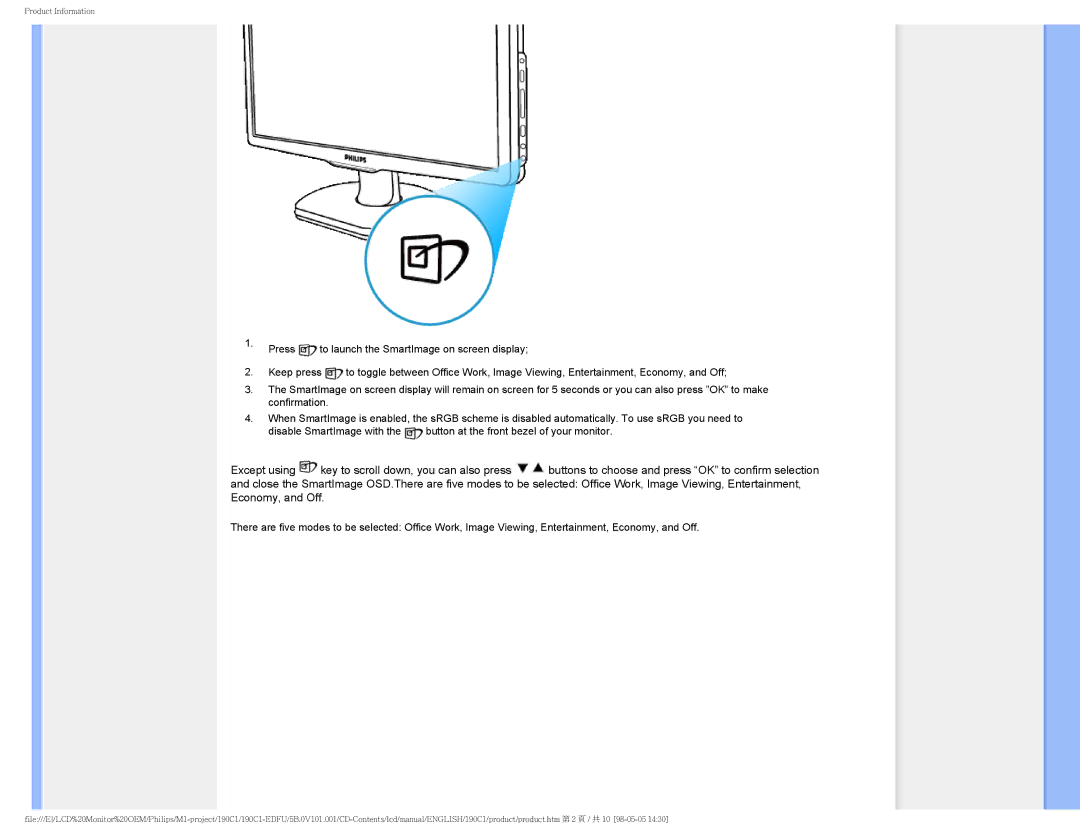 Philips 190CI, 190C1 user manual Product Information 