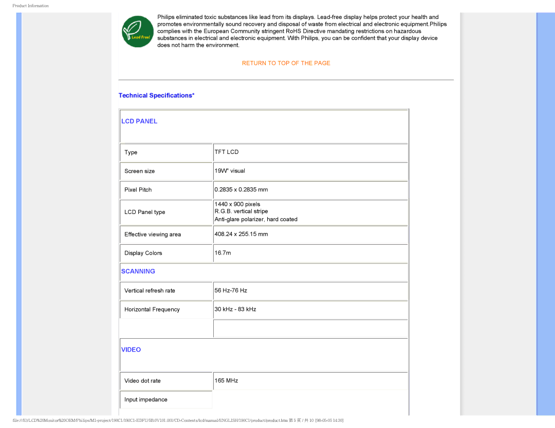 Philips 190C1, 190CI user manual Technical Specifications, Video 