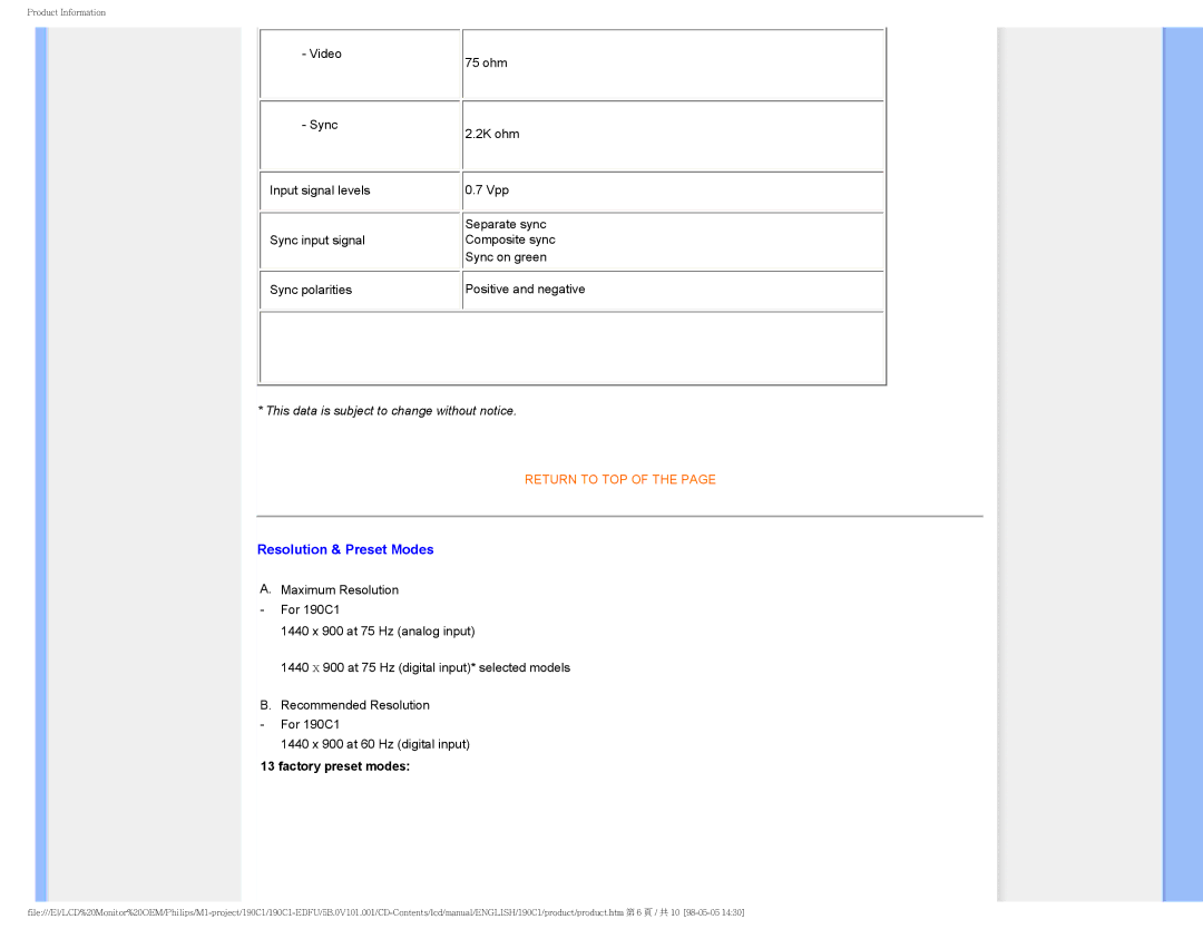 Philips 190CI, 190C1 user manual Resolution & Preset Modes, Factory preset modes 