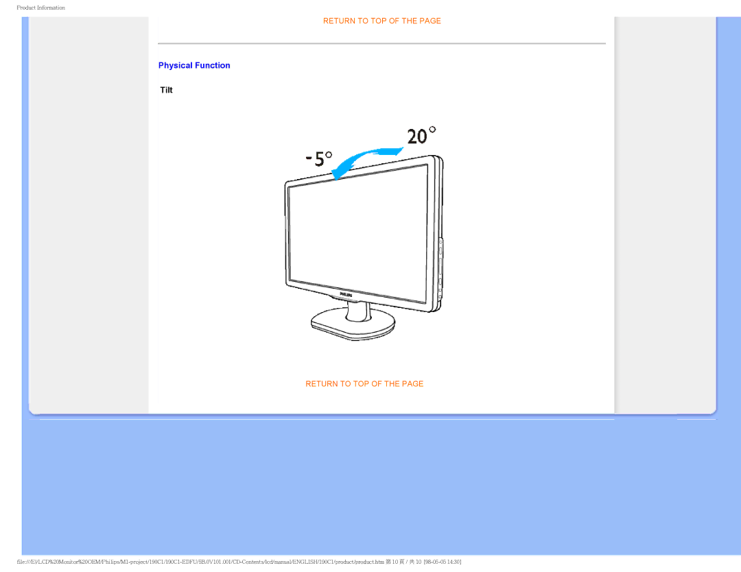 Philips 190CI, 190C1 user manual Physical Function, Tilt 