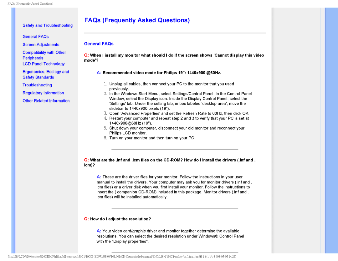 Philips 190CI, 190C1 user manual FAQs Frequently Asked Questions, General FAQs 