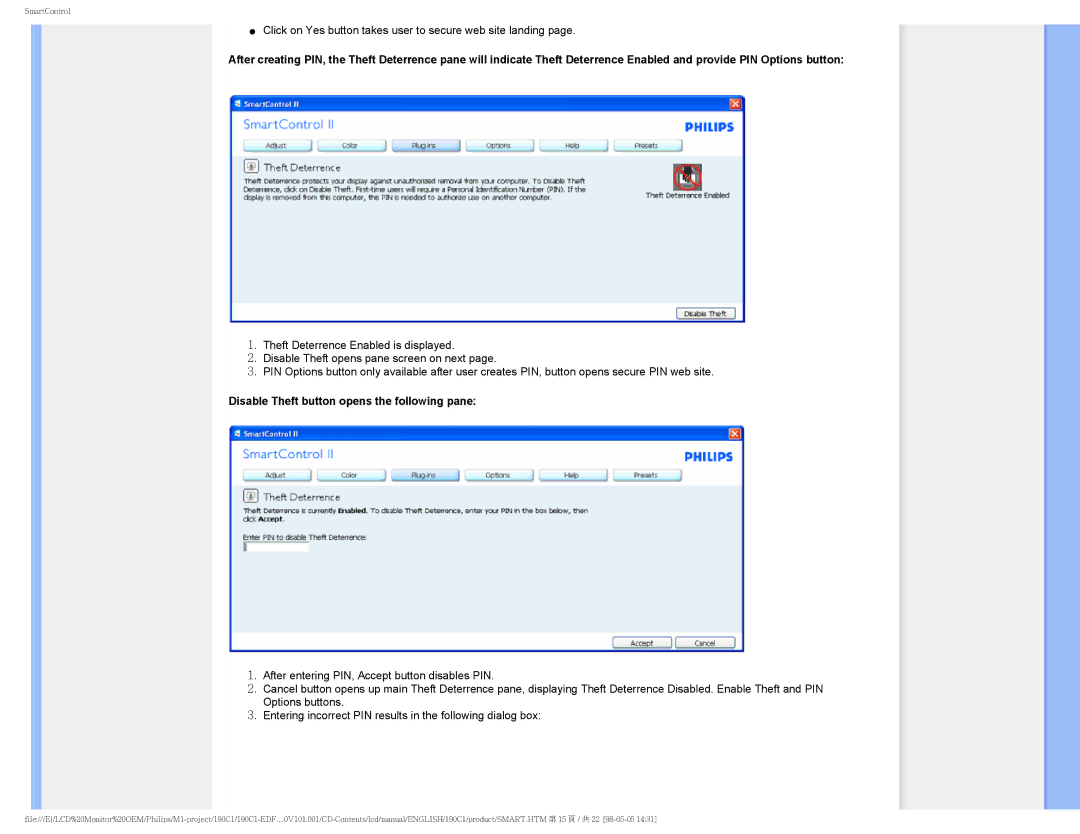 Philips 190C1, 190CI user manual Disable Theft button opens the following pane 