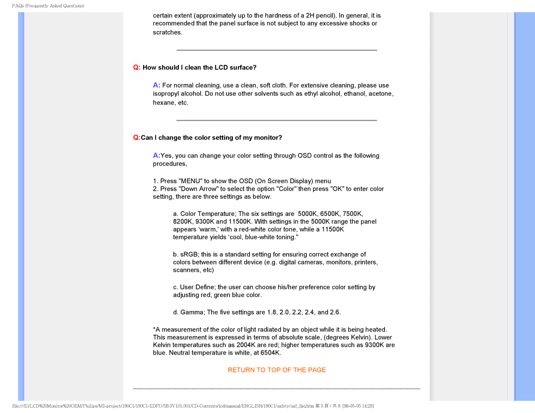 Philips 190CI, 190C1 user manual How should I clean the LCD surface? 