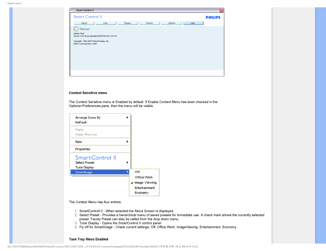 Philips 190C1, 190CI user manual Context Sensitive menu 