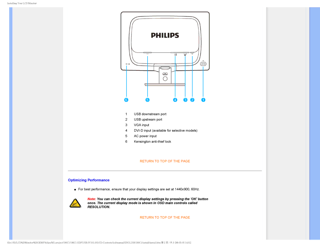 Philips 190CI, 190C1 user manual Optimizing Performance, Resolution 