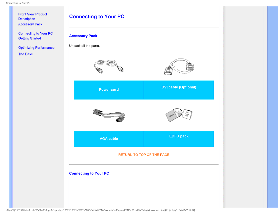 Philips 190CI, 190C1 user manual Connecting to Your PC, Accessory Pack 