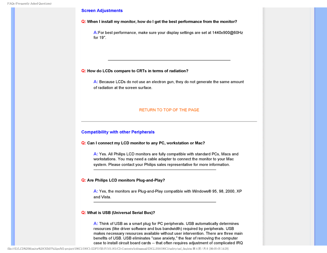 Philips 190C1, 190CI user manual Screen Adjustments, Compatibility with other Peripherals 