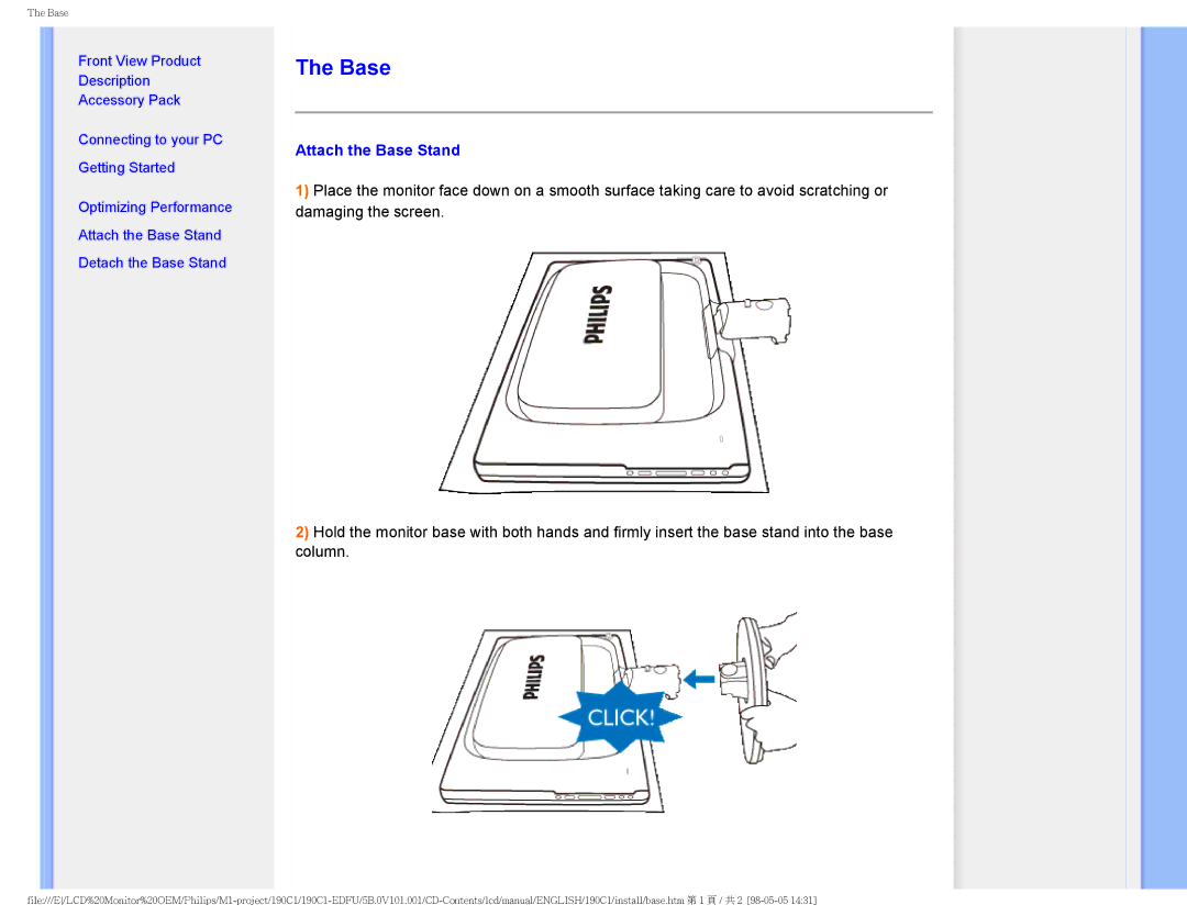 Philips 190C1, 190CI user manual Attach the Base Stand 