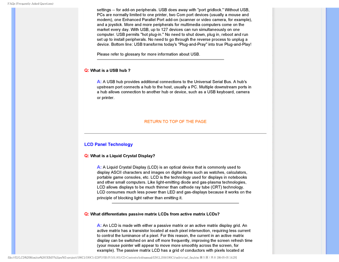 Philips 190CI, 190C1 user manual LCD Panel Technology, What is a USB hub ? 