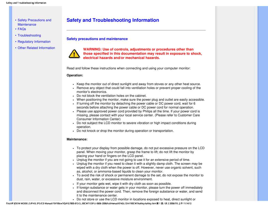 Philips 190CW7 Safety and Troubleshooting Information, Safety precautions and maintenance, Operation, Maintenance 