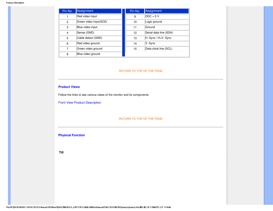 Philips 190CW7 user manual Pin No. Assignment, Product Views, Front View Product Description, Physical Function, Tilt 