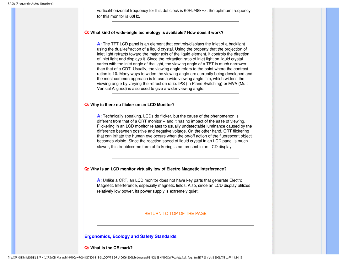 Philips 190CW7 Ergonomics, Ecology and Safety Standards, Why is there no flicker on an LCD Monitor?, What is the CE mark? 