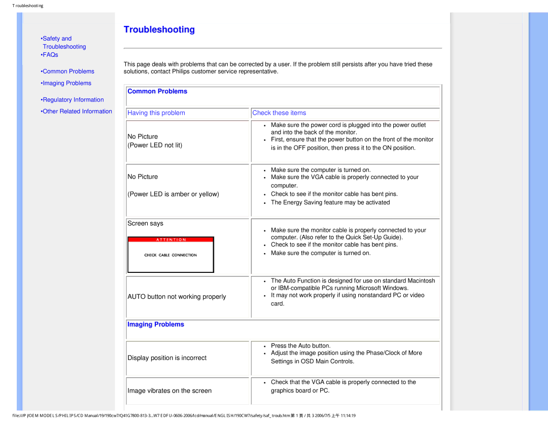 Philips 190CW7 user manual Troubleshooting 