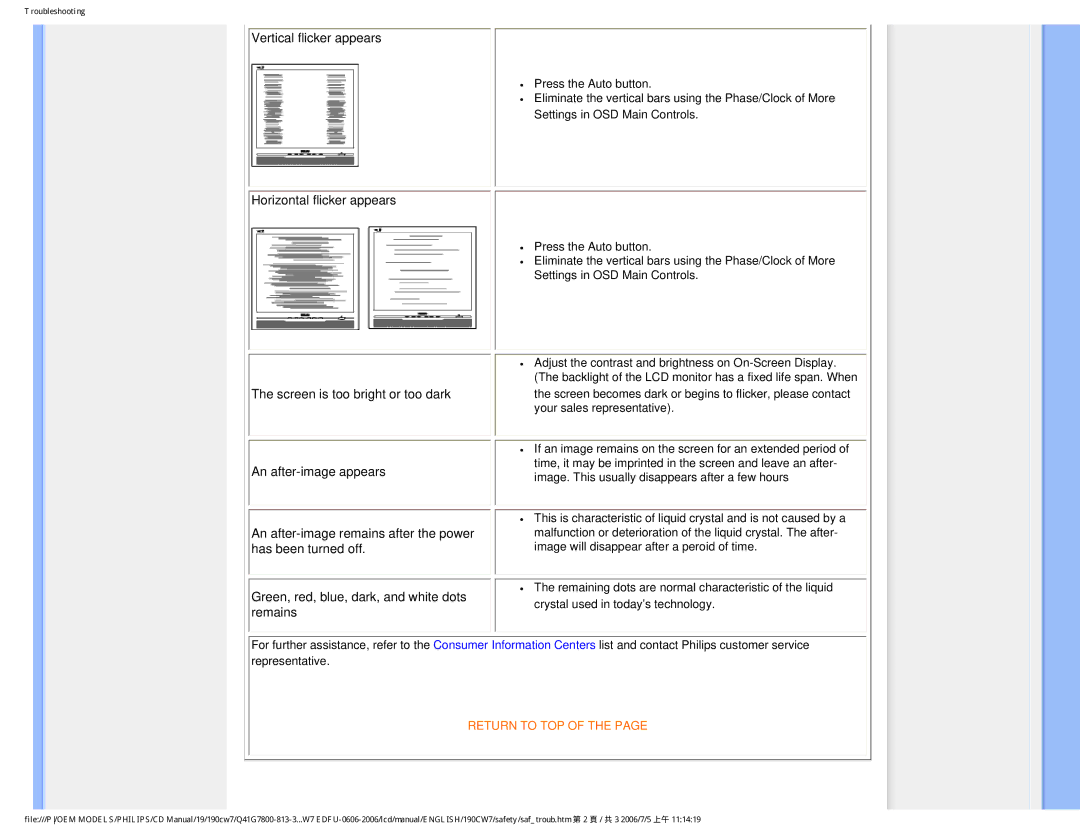 Philips 190CW7 user manual Vertical flicker appears 