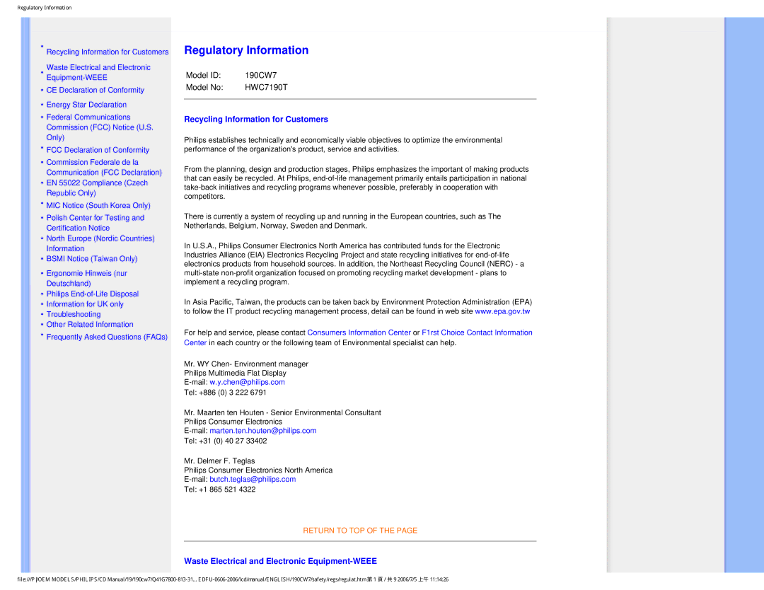 Philips 190CW7 user manual Regulatory Information 